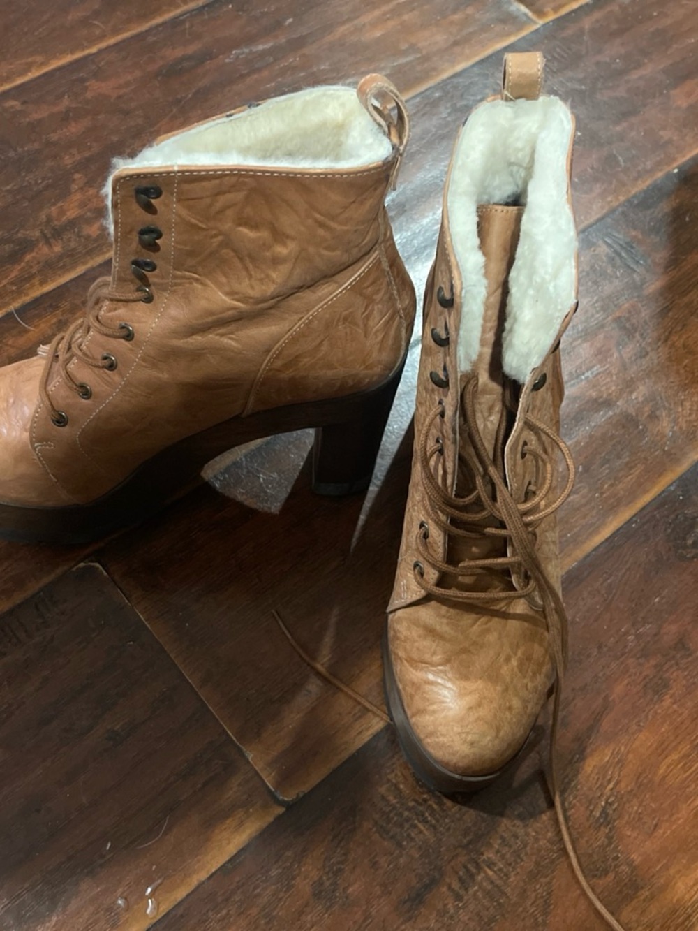 Kelsi Dagger Tan Lace-Up Faux-Shearling Heeled Ankle Boots